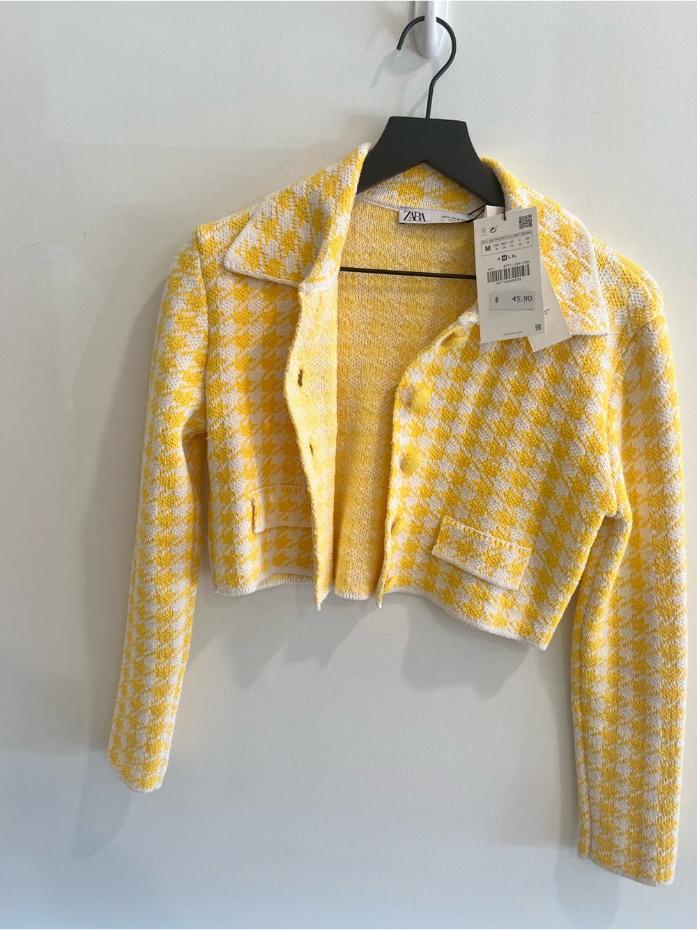 Zara Yellow & White Houndstooth Cropped Blazer - Picture 4 of 9